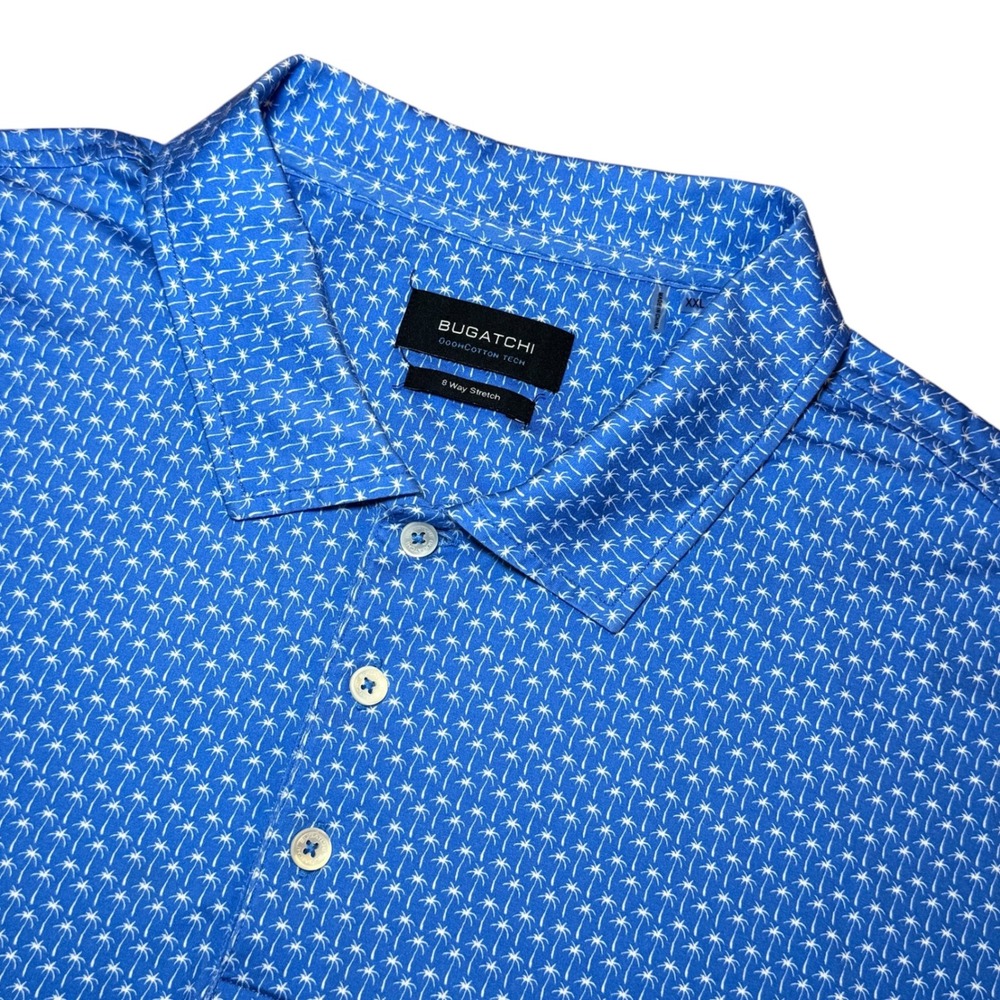 Bugatchi OoohCotton Tech Polo Shirt Mens XXL Blue Palm Trees 8-Way Stretch Golf